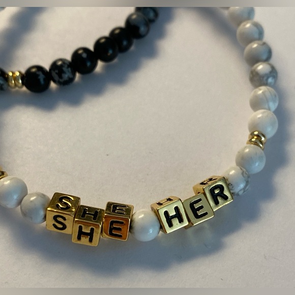 Little Words Project Bracelet - She/Her & He/Him - Black & White Beaded Stretch - Picture 8 of 8